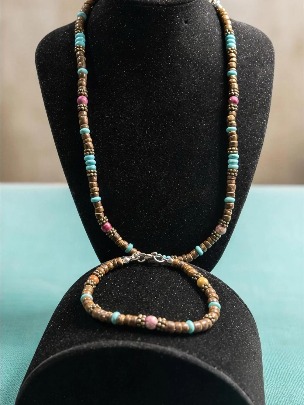 Handcrafted Brown Wood Bead necklace set with Turquoise and Pink Accents